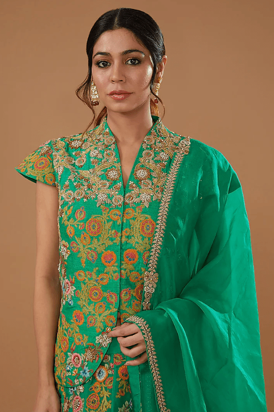 Green Raw Silk Embroidered Jacket Lehenga Set - Image 4
