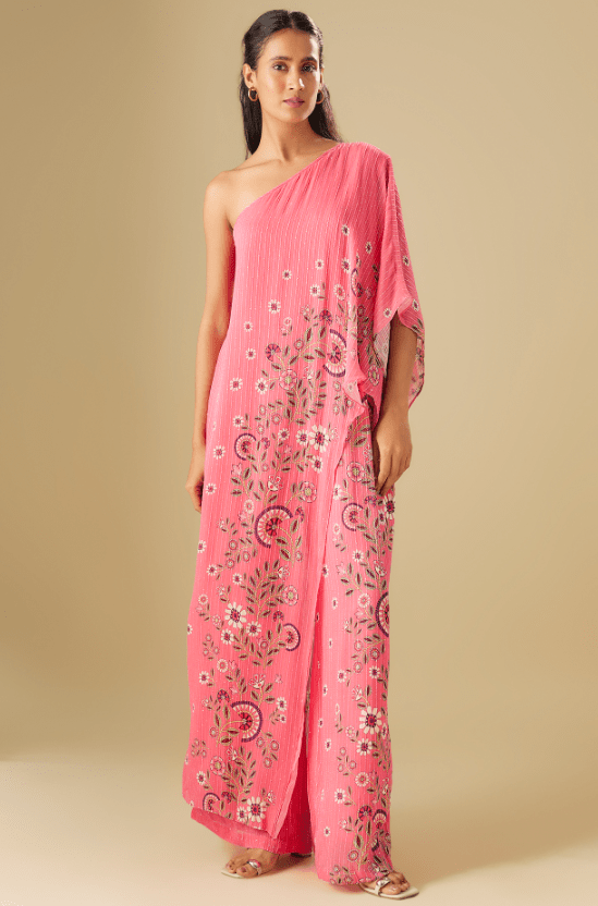 Pink Sequin Hand Embroidered One-Shoulder Jumpsuit