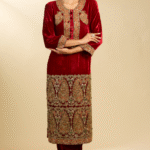 Red Silk Velvet Hand & Machine Embroidered Jamawar Kurta Set
