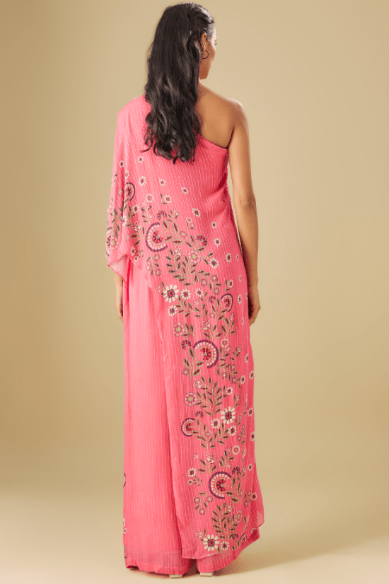 Pink Sequin Hand Embroidered One-Shoulder Jumpsuit - Image 2