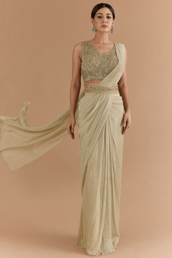 Gold Tulle & Net Draped Saree Set