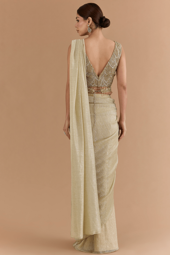 Gold Tulle & Net Draped Saree Set - Image 2