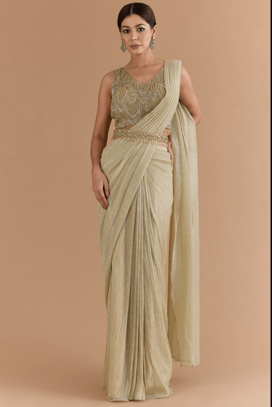 Gold Tulle & Net Draped Saree Set - Image 3