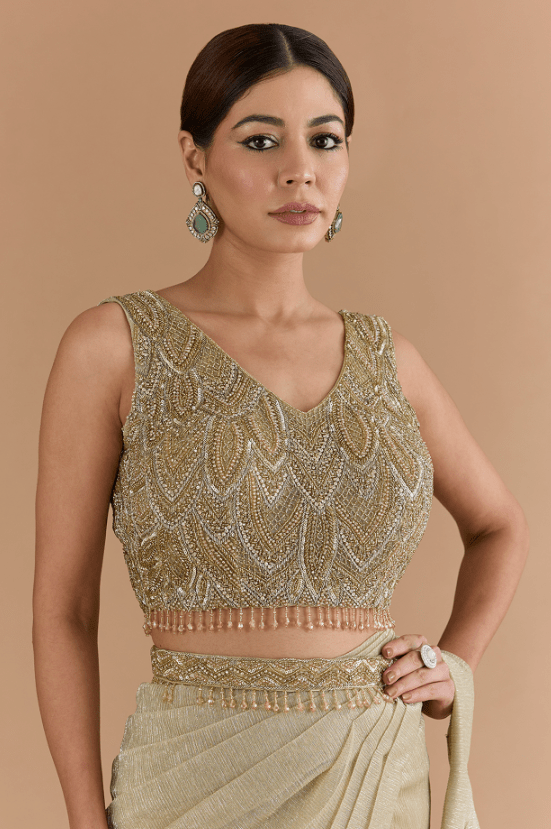 Gold Tulle & Net Draped Saree Set - Image 4