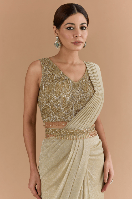 Gold Tulle & Net Draped Saree Set - Image 5