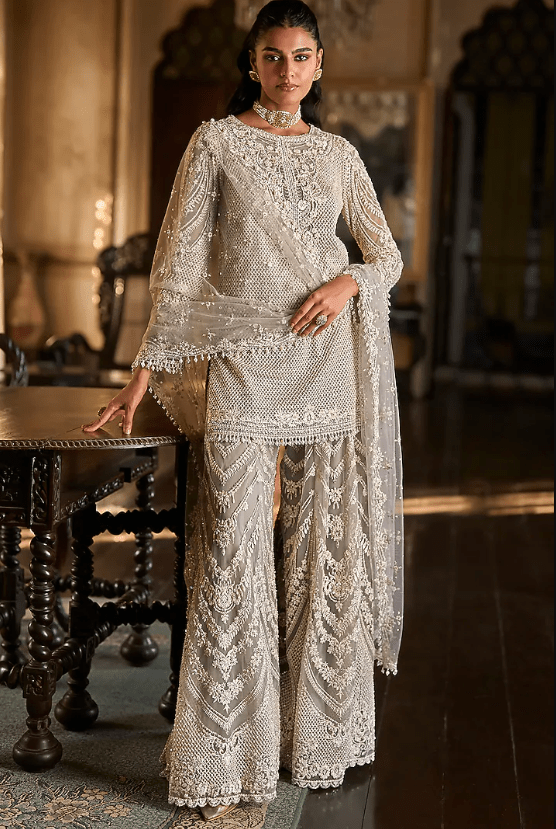 Grey Net Thread Embroidered Sharara Set