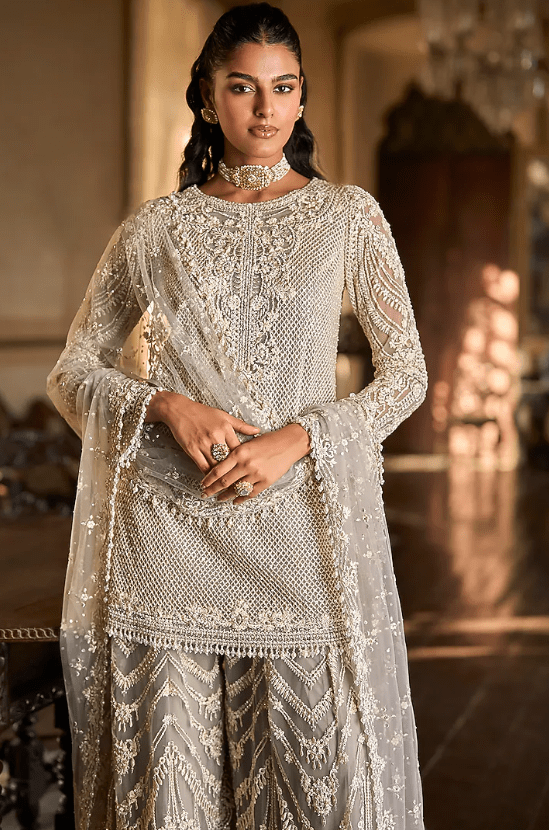 Grey Net Thread Embroidered Sharara Set - Image 2