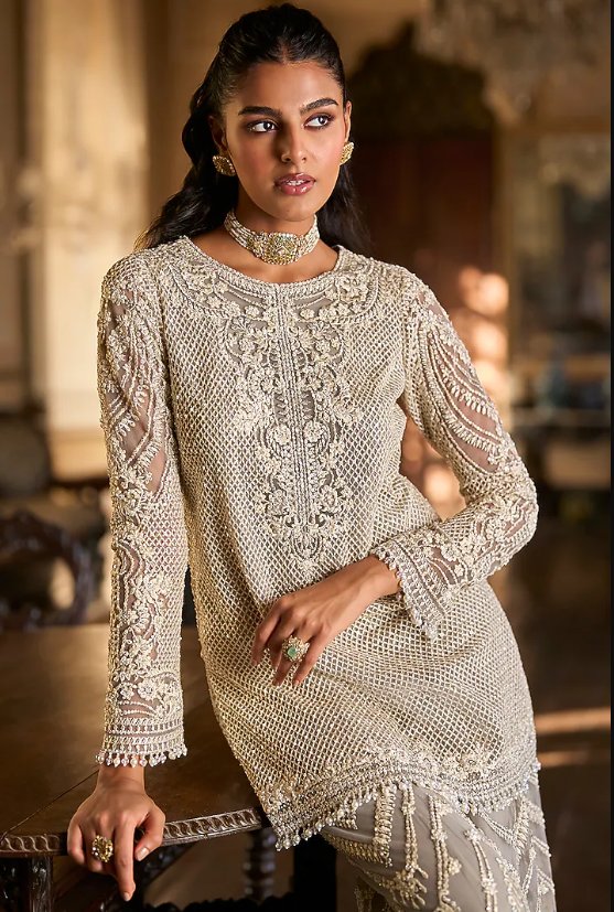 Grey Net Thread Embroidered Sharara Set - Image 3