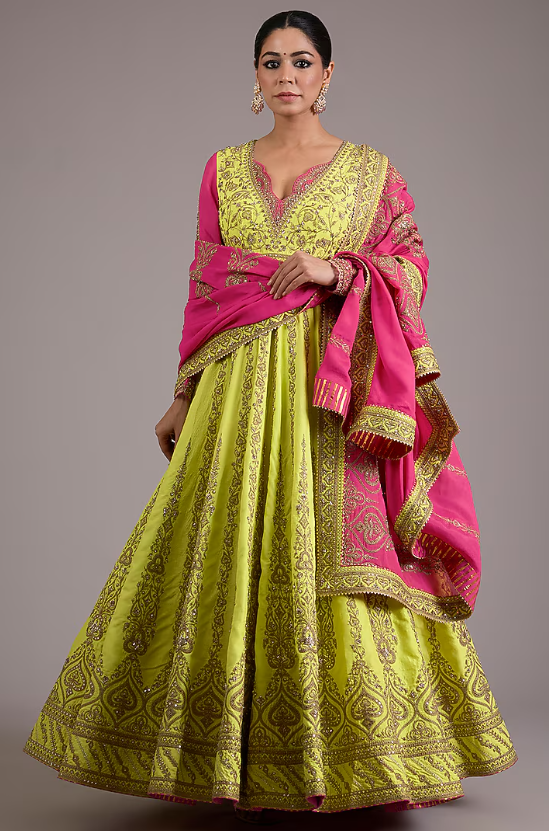 Lime Green Chinon Georgette Dori Embellished Anarkali Set