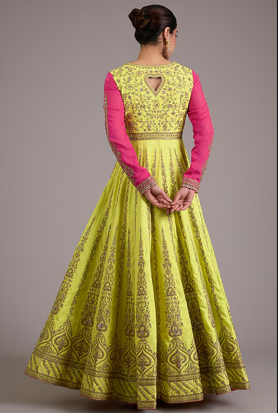 Lime Green Chinon Georgette Dori Embellished Anarkali Set - Image 2