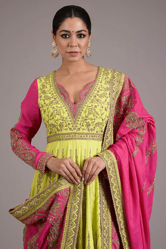 Lime Green Chinon Georgette Dori Embellished Anarkali Set - Image 4