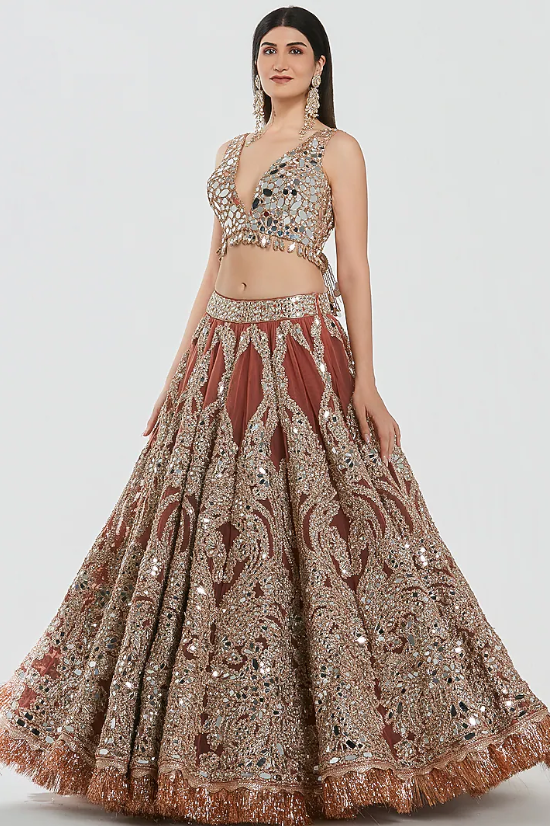 Rust Brown Net Mirror Work Lehenga Set - Image 3