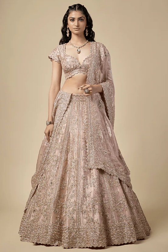 Rose Pink Tissue Zardosi Embroidered Lehenga Set