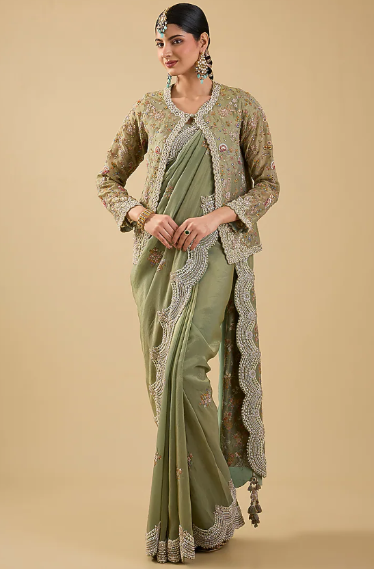 Mint Green Shimmer Tissue Jaal Embellished Saree Set