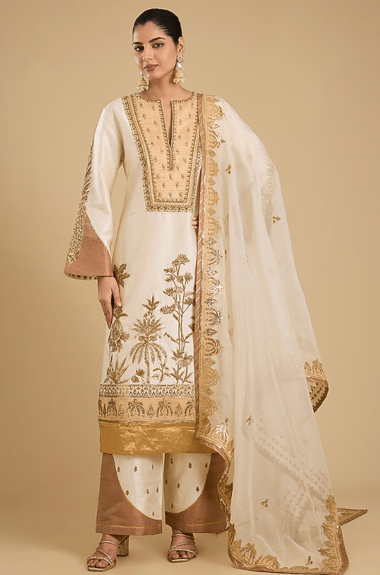 Ivory Raw Silk Dainty Motif Embroidered Kurta Set