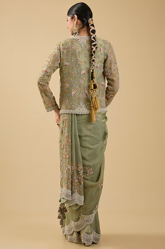 Mint Green Shimmer Tissue Jaal Embellished Saree Set - Image 2