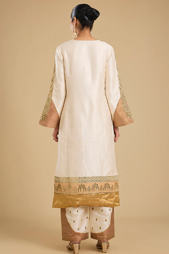 Ivory Raw Silk Dainty Motif Embroidered Kurta Set - Image 2