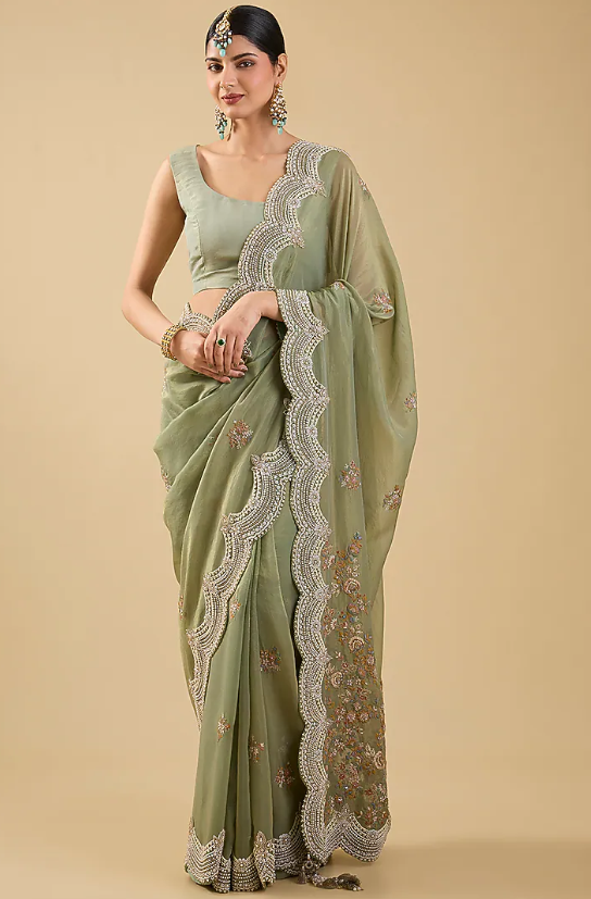 Mint Green Shimmer Tissue Jaal Embellished Saree Set - Image 3
