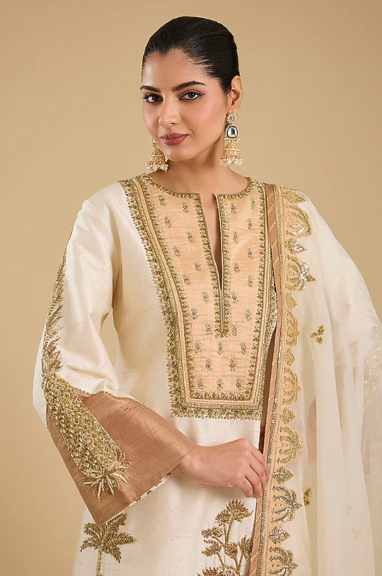 Ivory Raw Silk Dainty Motif Embroidered Kurta Set - Image 4