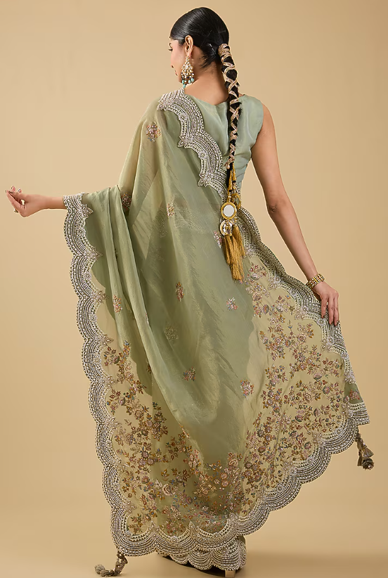 Mint Green Shimmer Tissue Jaal Embellished Saree Set - Image 4