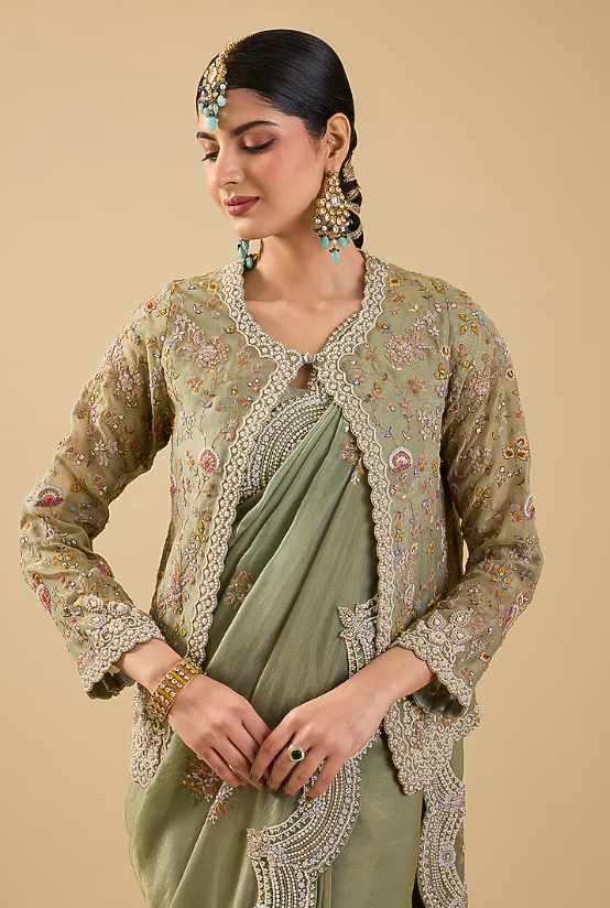 Mint Green Shimmer Tissue Jaal Embellished Saree Set - Image 5