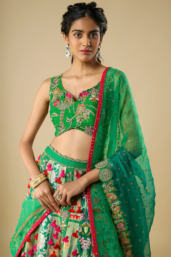Green Silk Lehenga Set - Image 4