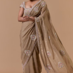 Beige Lurex Chiffon Crystal Embroidered Saree Set