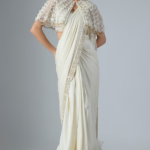 Ivory Satin Georgette Floral Embroidered Draped Saree Set