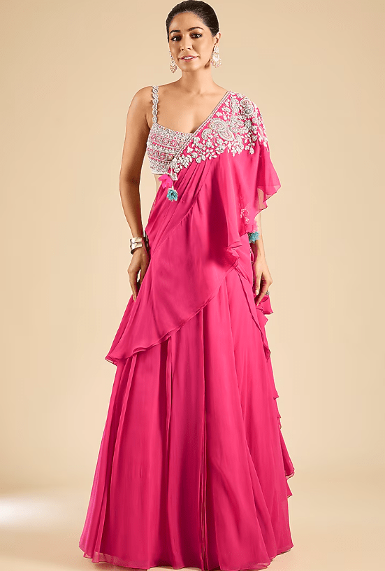 Fuchsia Georgette Draped Saree Set