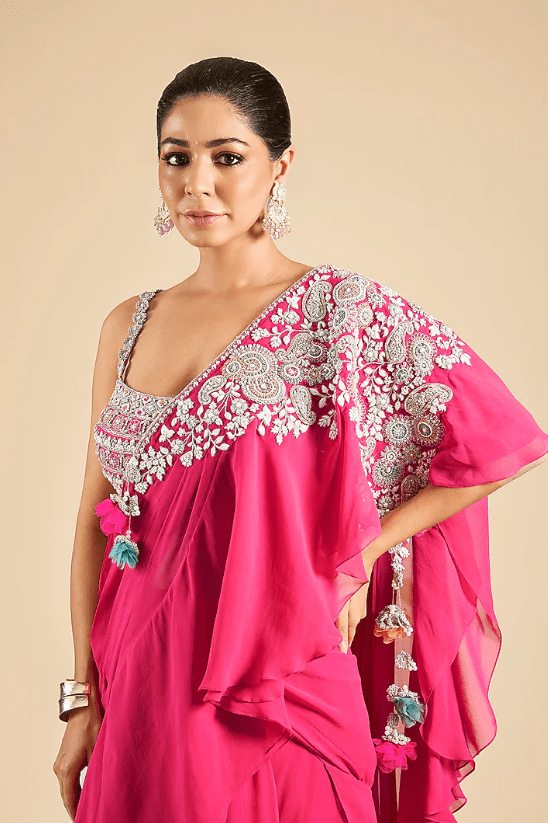 Fuchsia Georgette Draped Saree Set - Image 4