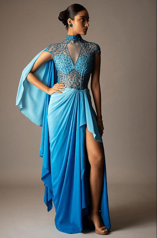 Blue Ombre Silk Crepe Embellished Draped Gown Saree