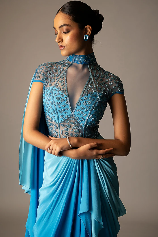 Blue Ombre Silk Crepe Embellished Draped Gown Saree - Image 2