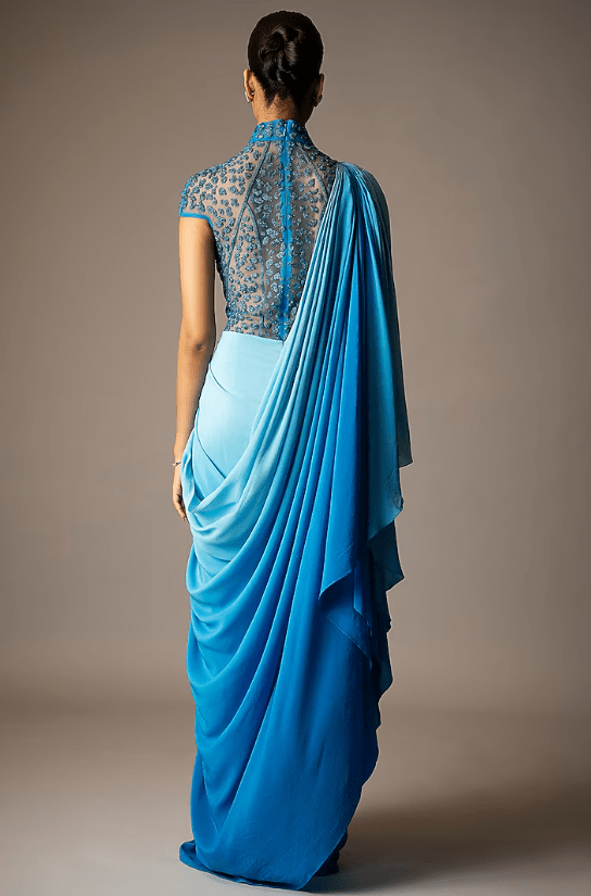Blue Ombre Silk Crepe Embellished Draped Gown Saree - Image 3
