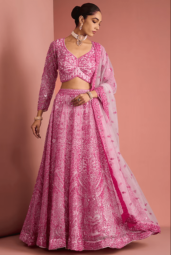 Pink Double Net Cutdana Embroidered Lehenga Set
