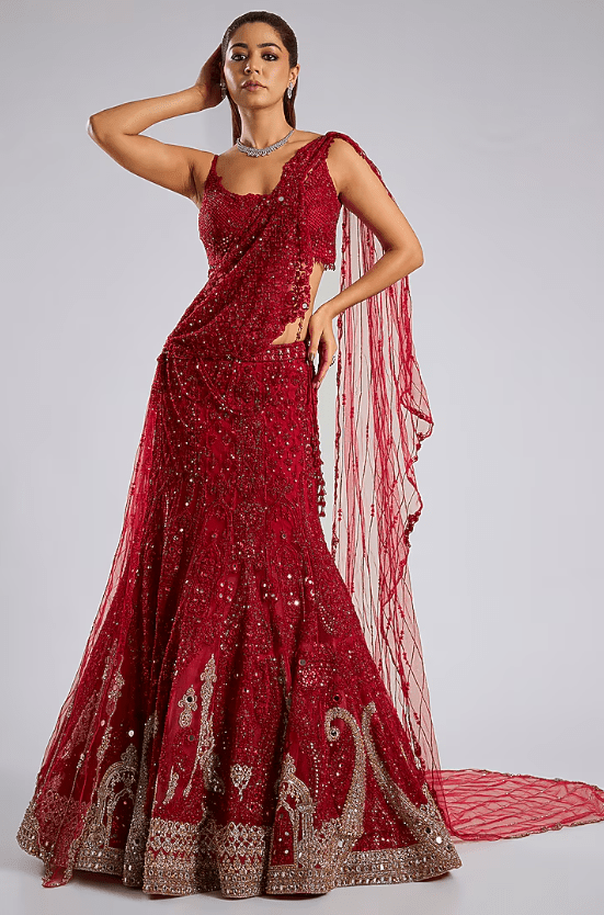 Blood Red Net Hand Embroidered Lehenga Set
