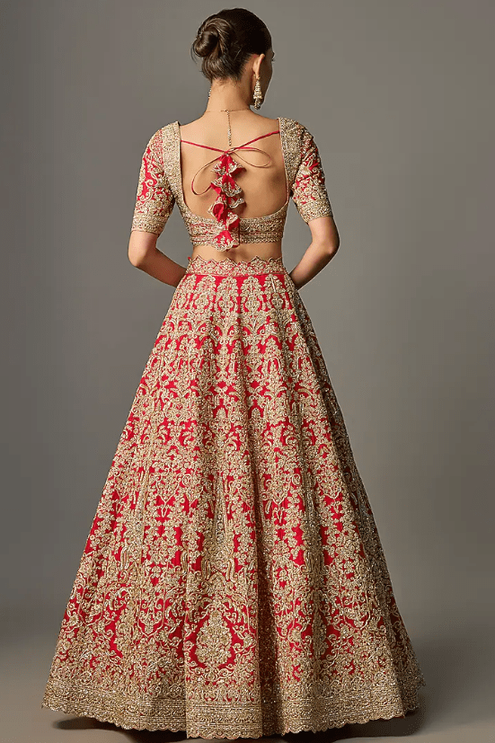 Red Organza Hand Embroidered Lehenga Set - Image 2