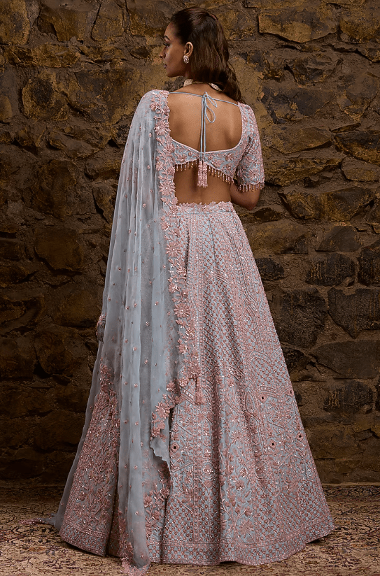 Powder Blue & Pink Raw Silk Hand Embroidered Lehenga Set - Image 2