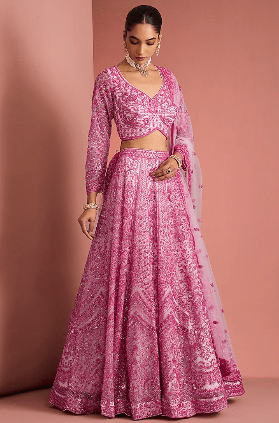 Pink Double Net Cutdana Embroidered Lehenga Set - Image 3