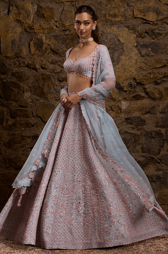 Powder Blue & Pink Raw Silk Hand Embroidered Lehenga Set - Image 4