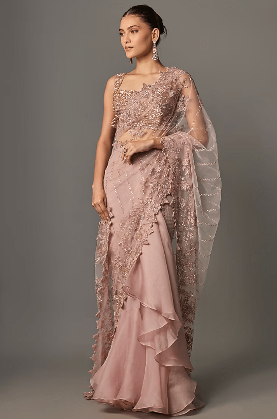 Champagne Net Hand & Machine Embroidered Ruffled Saree Set
