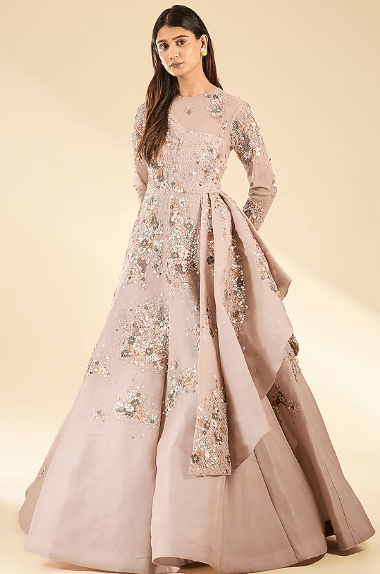 Peach Silk Organza Hand Embroidered Gown