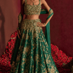 Teal Green Silk Brocade Floral Hand Embroidered Lehenga Set