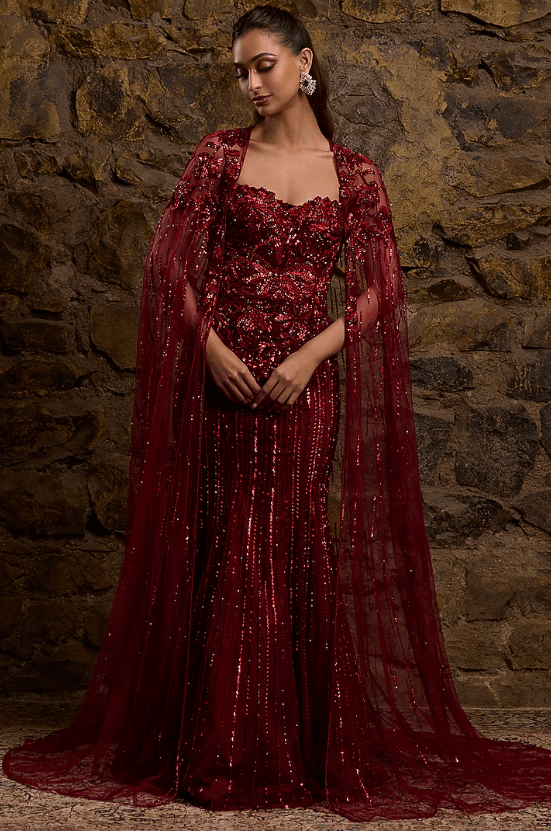 Maroon Net Hand Embroidered Gown With Cape