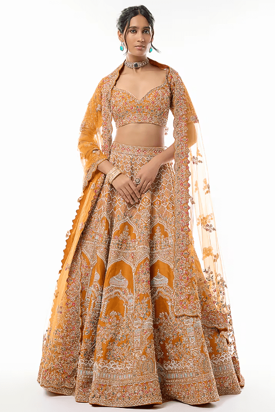 Rust Raw Silk Embroidered Lehenga Set