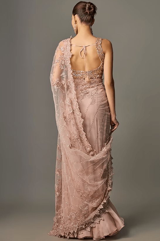 Champagne Net Hand & Machine Embroidered Ruffled Saree Set - Image 2