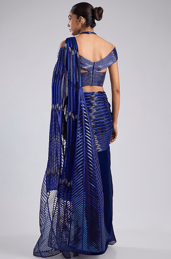 Cosmos Blue Butterfly Net Metallic Draped Saree Set - Image 2