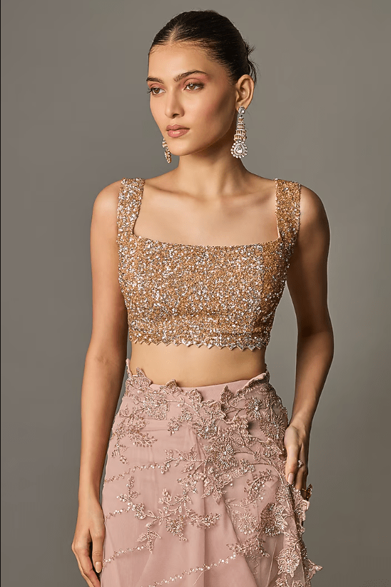 Champagne Net Hand & Machine Embroidered Ruffled Saree Set - Image 3