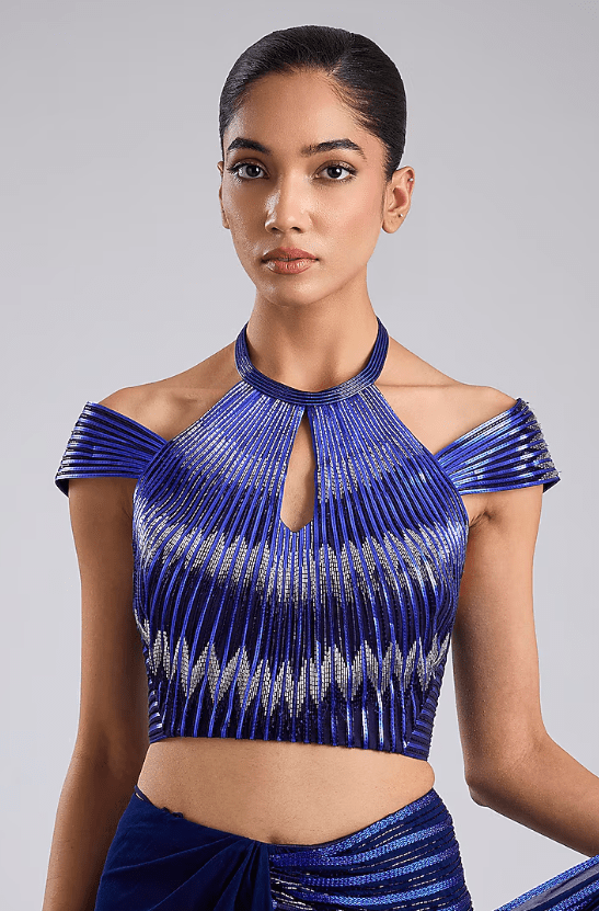 Cosmos Blue Butterfly Net Metallic Draped Saree Set - Image 3