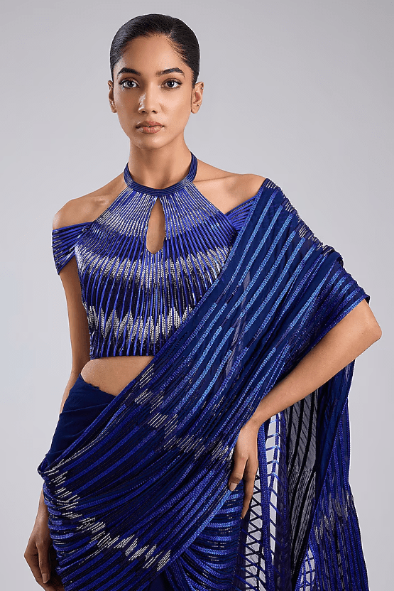 Cosmos Blue Butterfly Net Metallic Draped Saree Set - Image 4