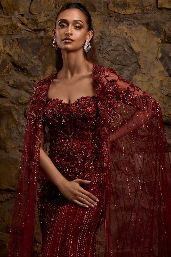 Maroon Net Hand Embroidered Gown With Cape - Image 4